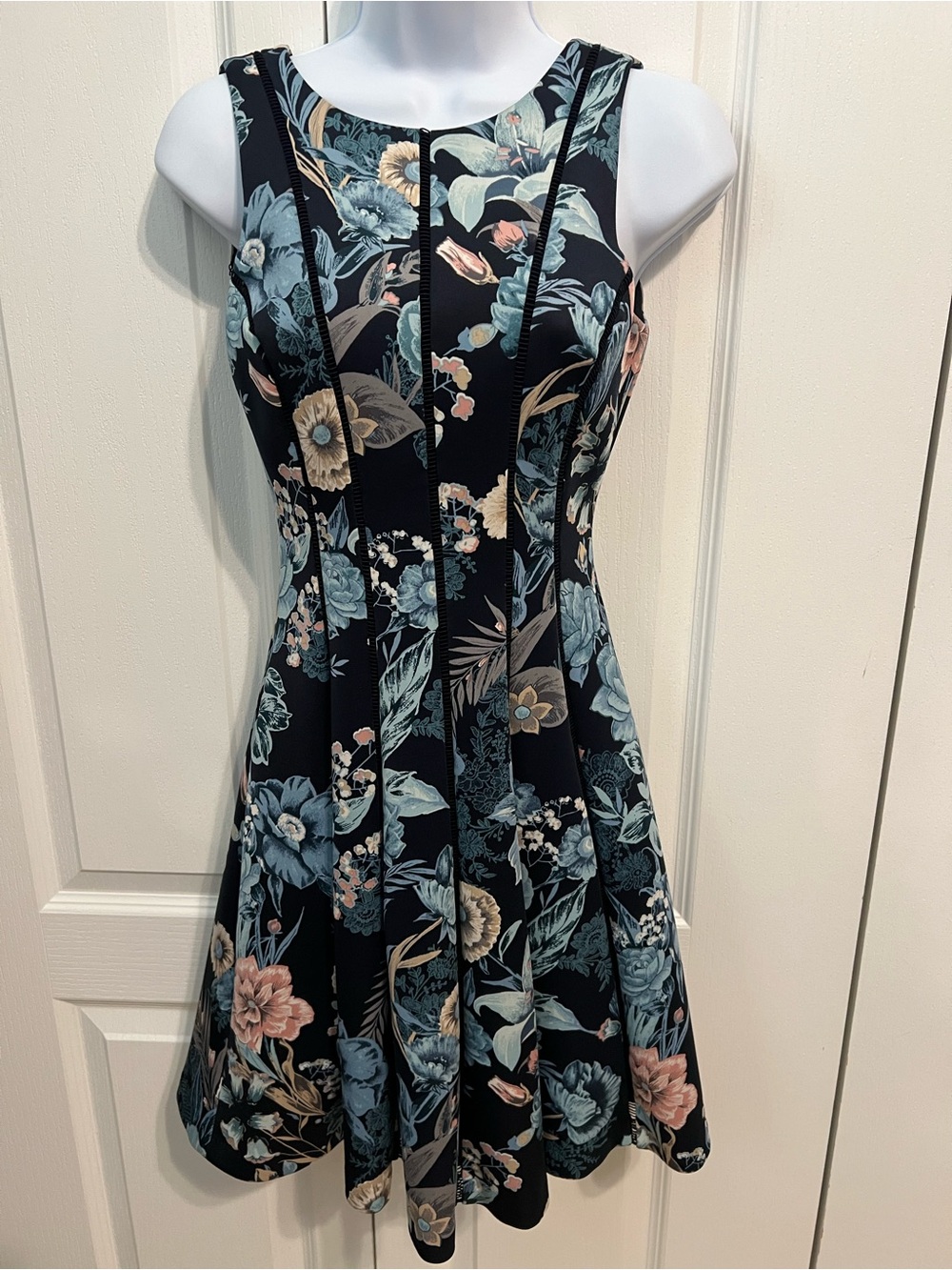 White House Black Market Navy Floral Fit-and-Flare Dress